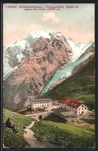 AK Stilfserjochstrasse, Blick ins Tal und zur Franzenshöhe und zum Ortler