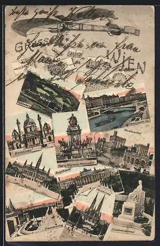 AK Wien, Flugzeug wirft Postkarten mit Wiener Motiven ab