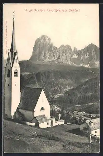 AK St. Ulrich in Gröden, Kirche St. Jakob gegen Langkofelgruppe