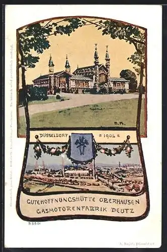 Künstler-AK Düsseldorf, Ausstellung 1902, Gutehoffnungshütte Oberhausen und Gasmotorenfabrik Deutz