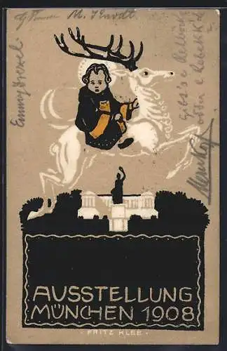 Künstler-AK München, Malerei-Ausstellung 1908, Münchner Kindl auf Hirsch