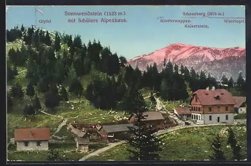 AK Schottwien, Schülers Alpenhaus am Sonnwendstein im Abendrot