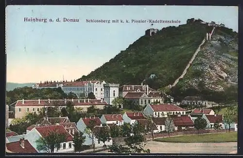 AK Hainburg a. d. Donau, Schlossberg mit k. k. Pionier-Kadettenschule