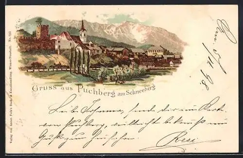 Lithographie Puchberg am Schneeberg, Gesamtansicht mit Bergkulisse