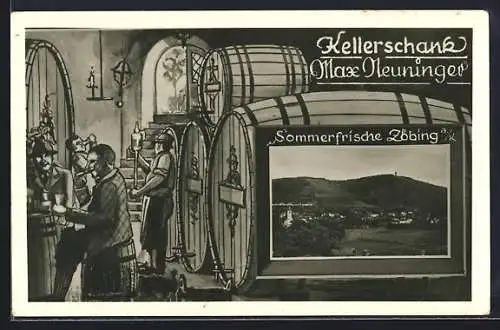 AK Langenlois am Kamp, Zöbing, Gasthaus Kellerschank von Max Neuninger, Ortsansicht, Gäste neben Weinfässern