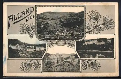 AK Alland /N.-Oe., Gesamtansicht, Ortspartie und Ansichten vom Schloss