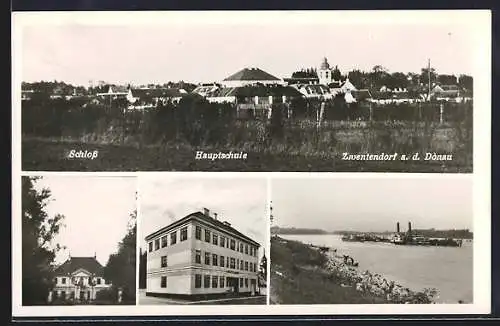 AK Zwentendorf, Blick auf Schloss, Hauptschule, Dampfer auf dem Fluss