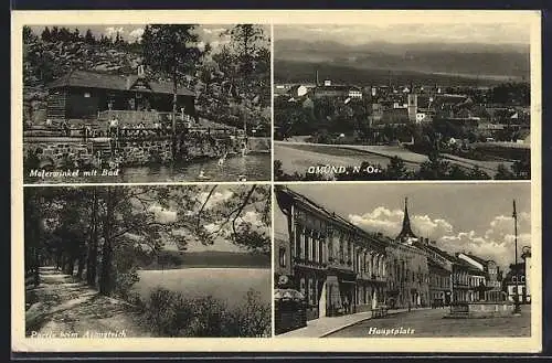 AK Gmünd, Malerwinkel mit Bad, Hauptplatz, Partie am Asangteich