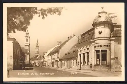AK Stockerau, Hauptstrasse mit Wimmers Cafe Goldener Stern