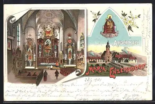 Lithographie Maria Enzersdorf, Innenansicht der Kirche, Gnadenmutter