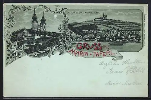 Mondschein-Lithographie Maria-Taferl, Ortsansicht mit Marbach a. d. Donau