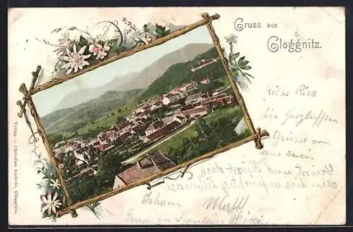 Lithographie Gloggnitz, Teilansicht des Ortes durch verzierten Rahmen gesehen