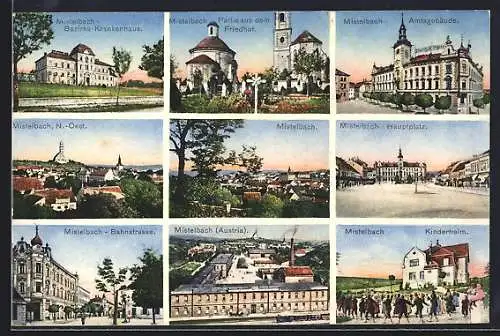 AK Mistelbach, Bezirks-Krankenhaus, Partie aus dem Friedhof, Amtsgebäude, Bahnstrasse