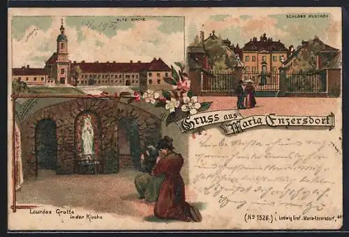 Lithographie Maria Enzersdorf, Alte Kirche, Schloss Hunyady, betende Frauen in der Lourdes Grotte