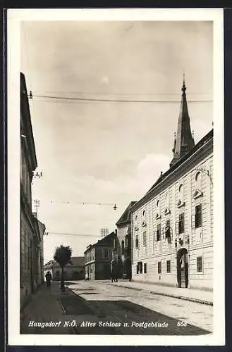 AK Haugsdorf /N.Ö., Altes Schloss und Postgebäude