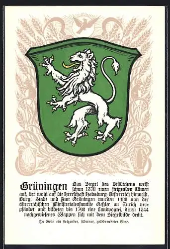 Künstler-AK Grüningen, Wappen mit steigendem Löwen