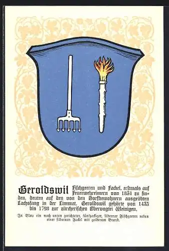 Künstler-AK Geroldswil, Wappen mit Fischgeeren und silberner Fackel