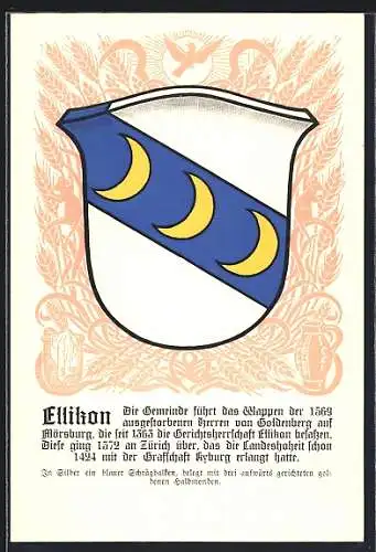 Künstler-AK Ellikon, Wappen mit drei gelben Halbmonden