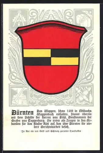 Künstler-AK Dürnten, Wappen mit von Rot und Schwarz geviertem Querbalken