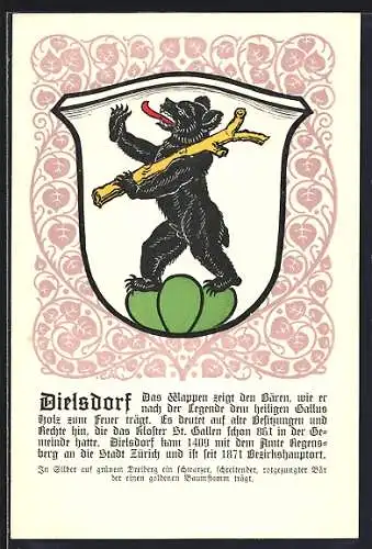 Künstler-AK Dielsdorf, Wappen mit schwarzem einen Baumstamm tragenden Bären