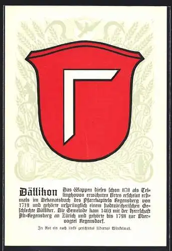 Künstler-AK Dällikon, Wappen mit nach links gerichtetem Winkelmass