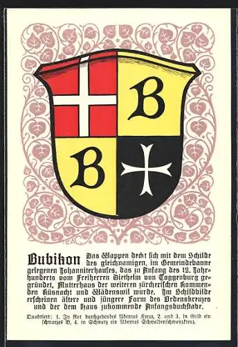 Künstler-AK Bubikon, Wappen mit Kreuz, schwarzem B und Schwalbenschwanzkreuz