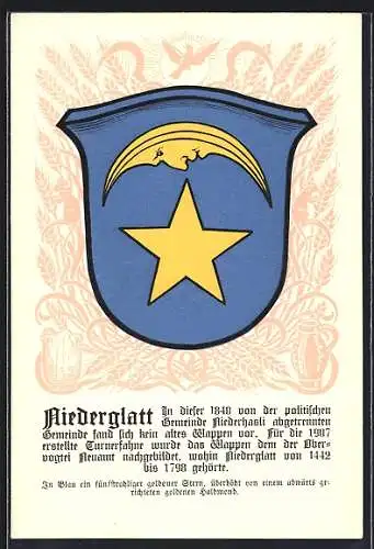 Künstler-AK Niederglatt /ZH, Wappen der Gemeinde mit Stern und abwärts gerichtetem Halbmond