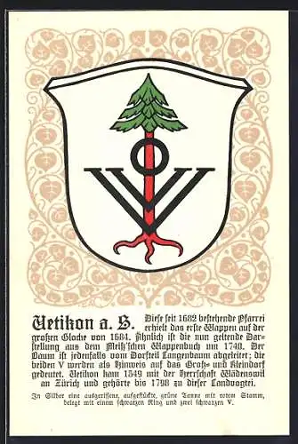 AK Uetikon a. S., Züricher Gemeindewappen mit grüner Tanne, schwarzem Ring & zwei schwarzen V