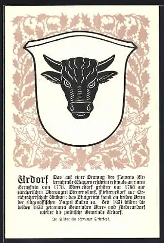 Künstler-AK Urdorf, Wappen mit schwarzem Stierkopf