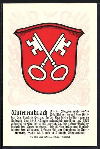 Künstler-AK Embrach /ZH, Wappen von Unterembrach mit zwei gekreuzten Schlüsseln