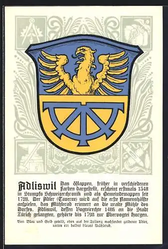 Künstler-AK Adliswil, Wappen mit Adler und Mühlerad