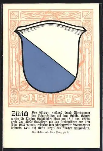 Künstler-AK Zürich, Wappen von Silber und Blau schräg geteilt
