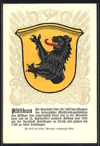 Künstler-AK Adlikon, Wappen mit schwarzem Bären
