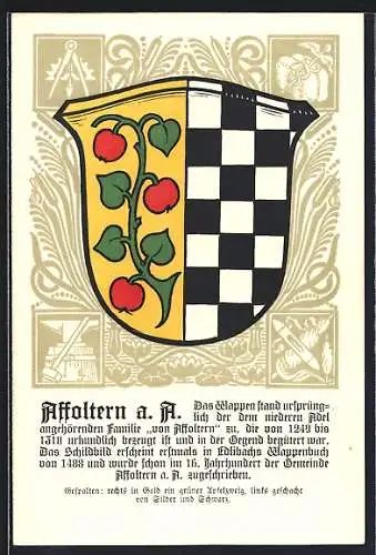 Künstler-AK Affoltern a. A., Wappen gespalten: rechts Apfelzweig und links geschacht