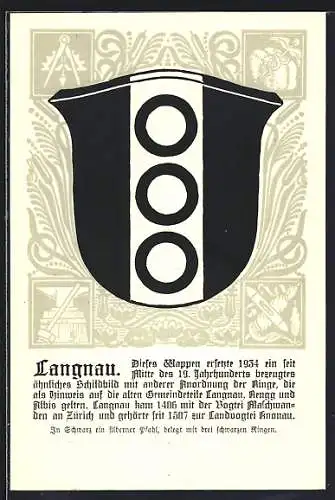 Künstler-AK Langnau /ZH, Wappen der Gemeinde mit drei schwarzen Ringen