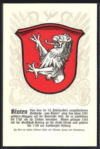 Künstler-AK Kloten, Wappen mit silbernem Löwen