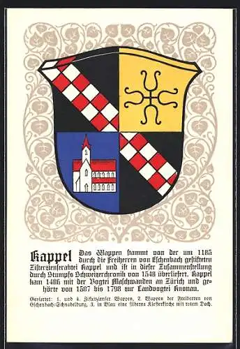 Künstler-AK Kappel /ZH, Wappen der Gemeinde mit Zisterzienser-Wappen und silberner Klosterkirche
