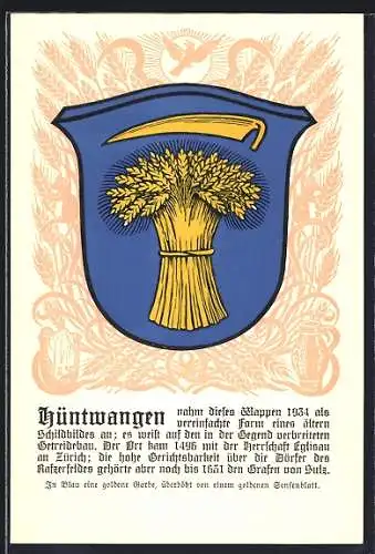 Künstler-AK Hüntwangen, Wappen mit goldener Garbe und Sensenblatt