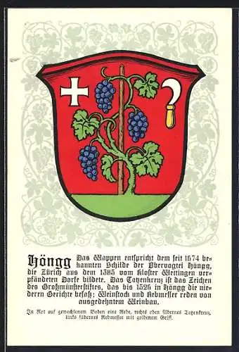 Künstler-AK Höngg, Wappen mit Rebe, Tatzenkreuz und Rebmesser