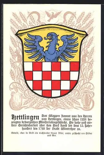 Künstler-AK Hettlingen, Wappen geteilt, oben blauer Adler und unten geschacht von Silber und Rot