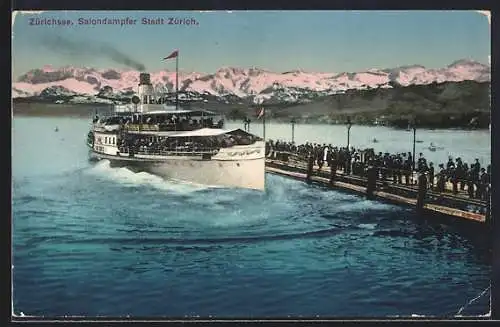 AK Zürichsee, Salondampfer Stadt Zürich am Steg