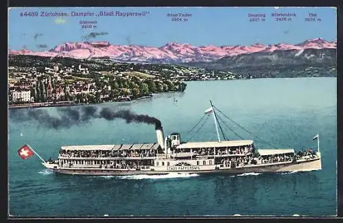 AK Zürichsee, Dampfer Stadt Rapperswill mit Bergpanorama
