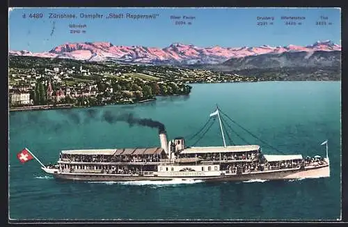 AK Zürichsee, Dampfer Stadt Rapperswill mit Bergpanorama
