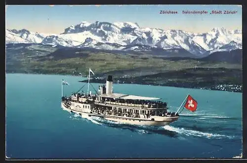 AK Zürichsee, Salondampfer Stadt Zürich mit Bergen im Hintergrund