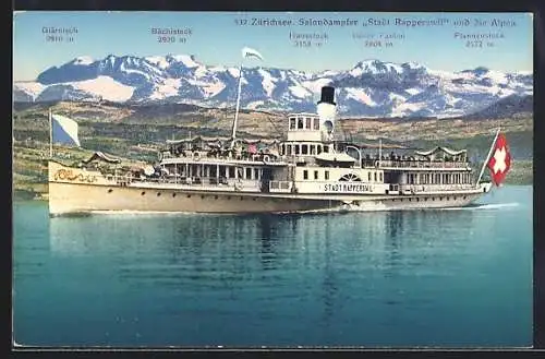 AK Zürichsee, Salondampfer Stadt Rapperswill und die Alpen