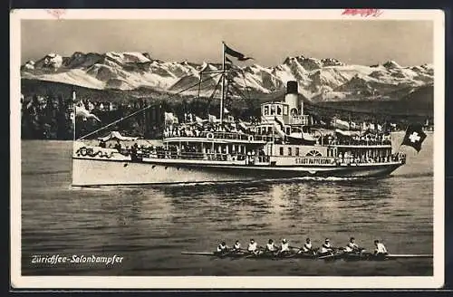 AK Zürichsee-Salondampfer Stadt Rapperswil und Sportruderboot