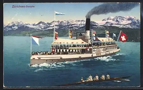 AK Zürichsee, Dampfer mit Ruderboot auf dem See