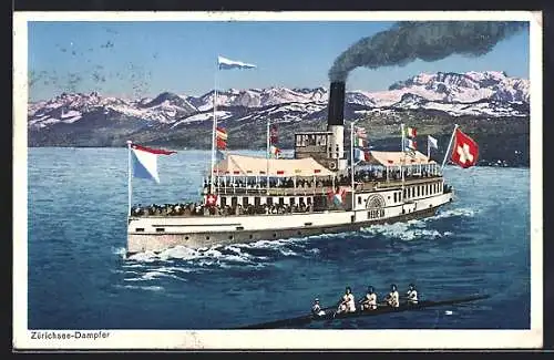 AK Zürichsee-Dampfer auf dem See, Ruderboot