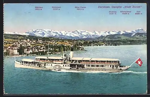 AK Zürichsee, Seitenraddampfer Stadt Zürich mit Aussicht auf Glärnisch, Bächistock, Böser Faulen, Tödl u.a.