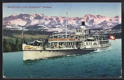 AK Zürichsee, Salondampfer Stadt Rapperswill gegen die Alpen